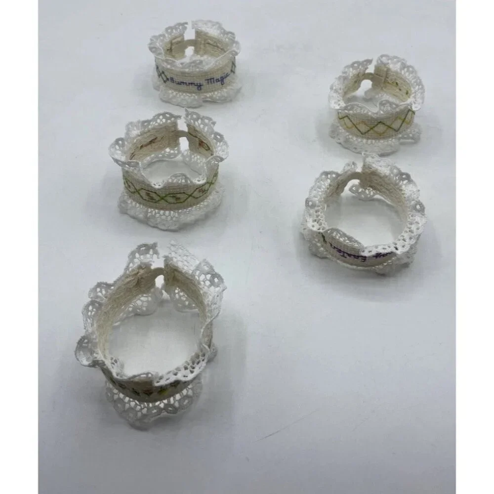 Vintage Cross Stitch Napkin Rings Handmade Easter Spring Dinner Party Set of 5